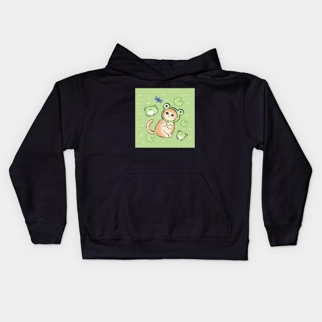 Kawaii Frog and Cat with Toad Hat - Retro 90s Cottagecore Aesthetic featuring Happy Froge Kitten Kids Hoodie by Ministry Of Frogs